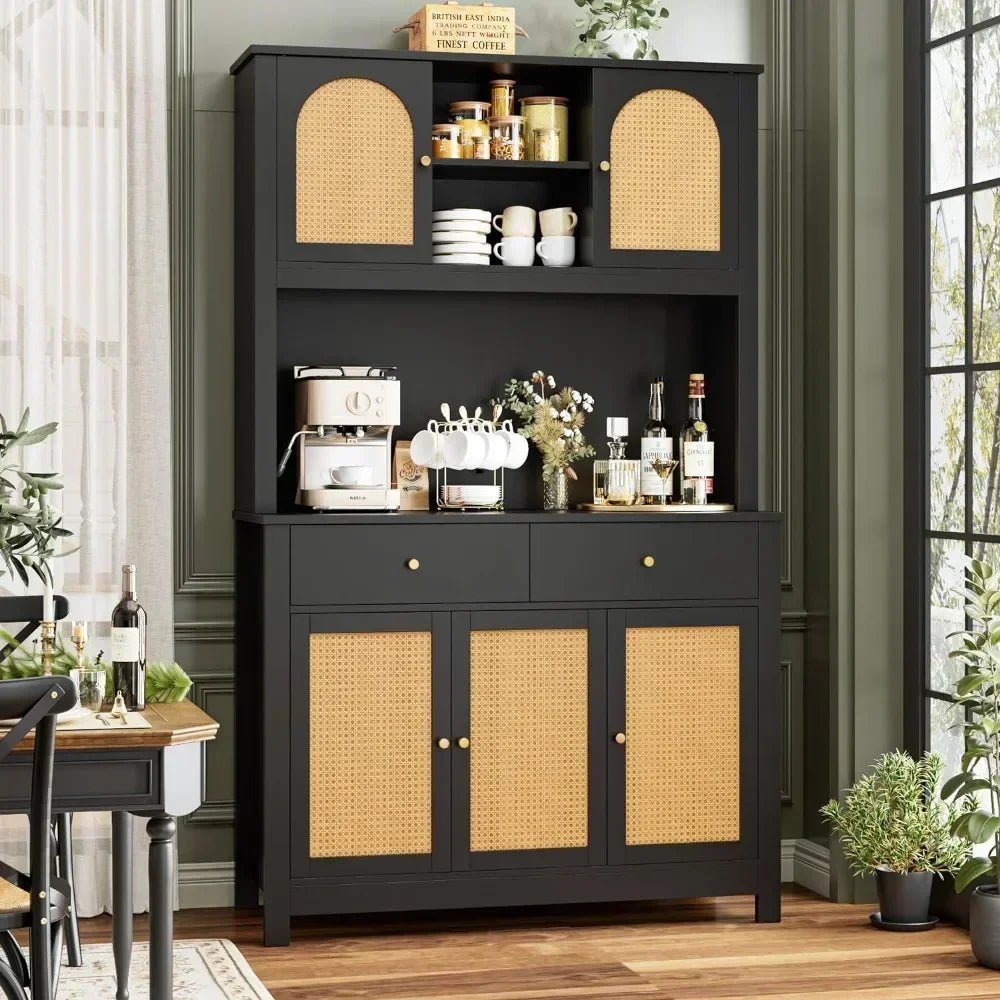 71" Tall Kitchen Hutch Cabinet – Storage Cabinet with Rattan Doors, Microwave Stand & Charging Hole