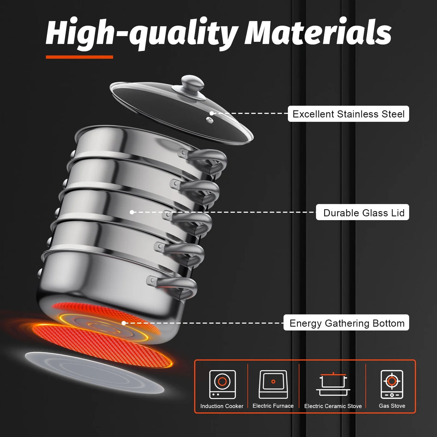 5 Layers 30cm Large Home With Handles Kitchen Insulated Visual Cover Stainless Steel 5 Tier Steamer Pot Food Maker Cookware