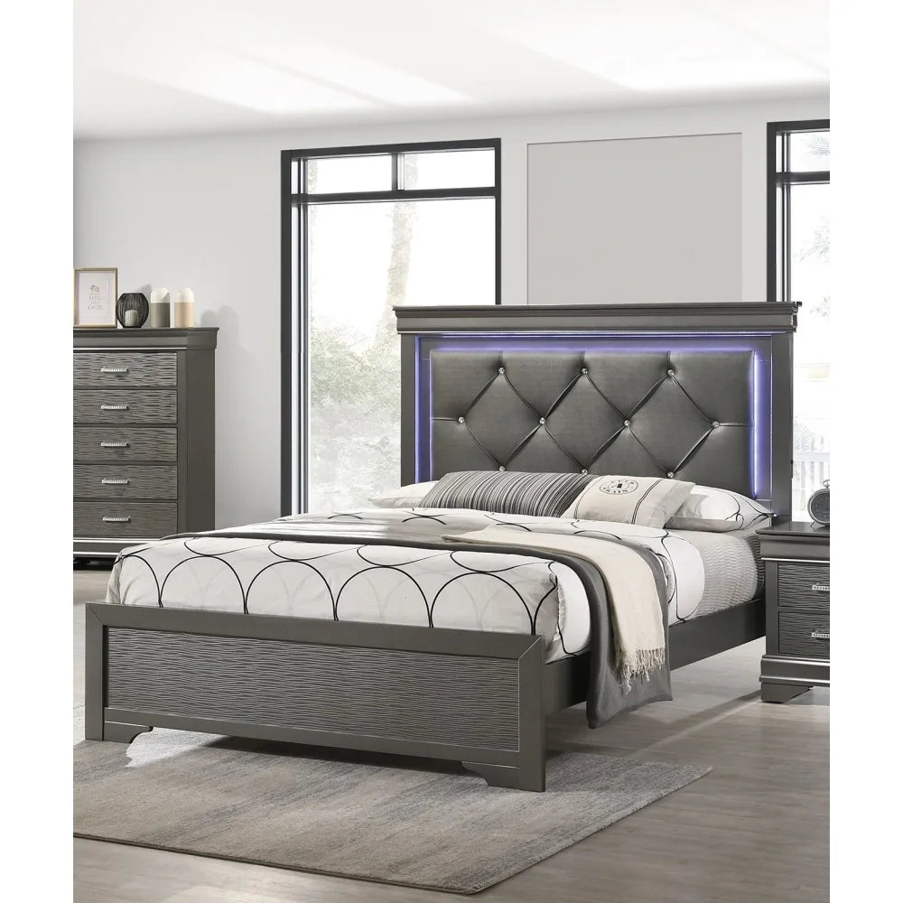 Queen Size White Faux Leather Bed Frame with Tufted LED Headboard & Solid Wood Base
