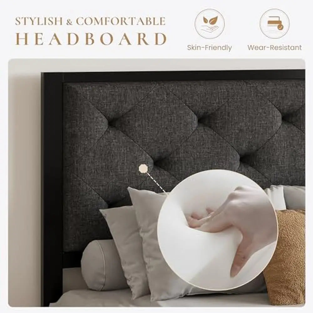 Elegant Twin Metal Platform Bed Frame – Upholstered Tufted Headboard, Strong Slat Support, No Box Spring Needed