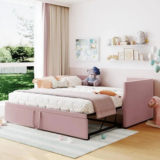 Pink Twin Upholstered Daybed with Pop-Up Trundle – Stylish & Versatile Sleeping Solution