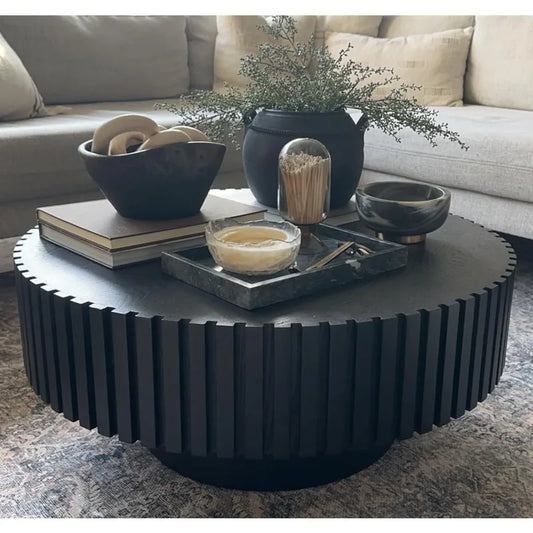 39" Black Round Coffee Table – Modern Fluted Drum Design, Handcrafted Wood for Living Room