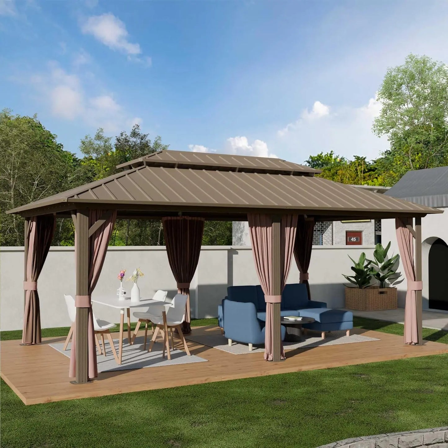12'x16' Hardtop Gazebo with Aluminum Frame & Galvanized Steel Double Roof, Netting & Curtains