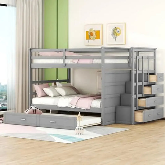 Multifunctional Twin Over Full Bunk Bed – With Drawers, Staircase & Slide