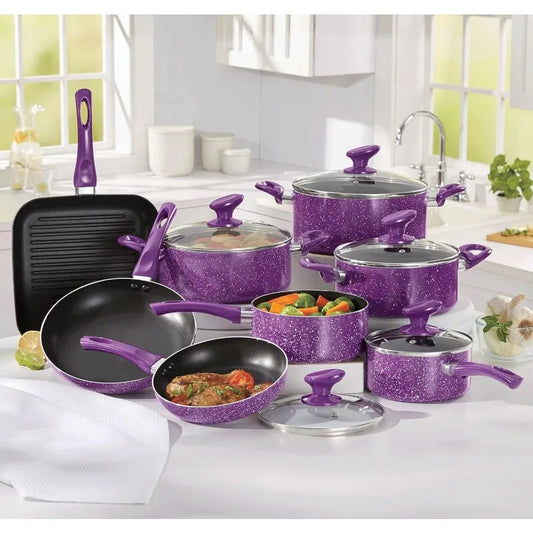 Montgomery Ward 13-Piece Speckled Granite Aluminum Cookware Set, Nonstick, Contains: Saucepans, Grill Pan, Purple