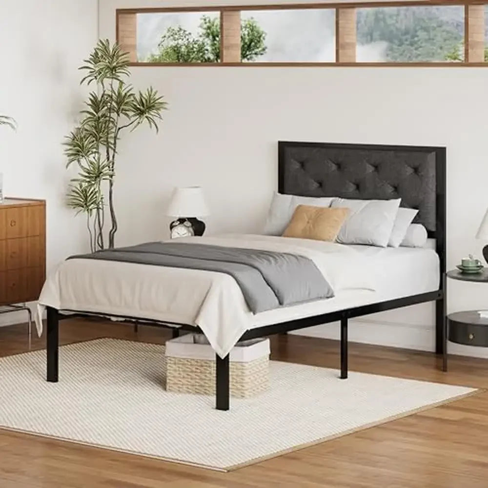 Elegant Twin Metal Platform Bed Frame – Upholstered Tufted Headboard, Strong Slat Support, No Box Spring Needed