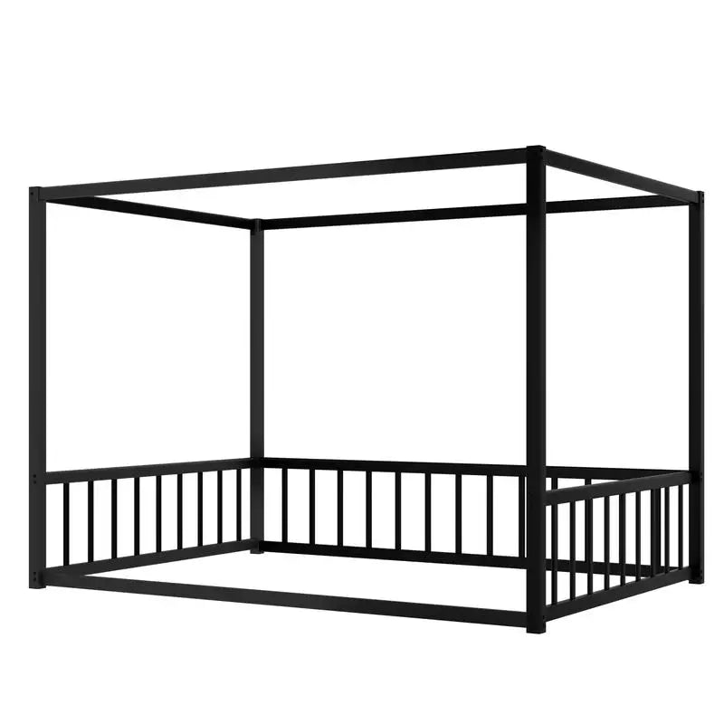 Full Size Sunshade Floor Bed Frame, Iron Double Bed, Modern Low-Profile Design, Fence-Style Guardrails, Black Series
