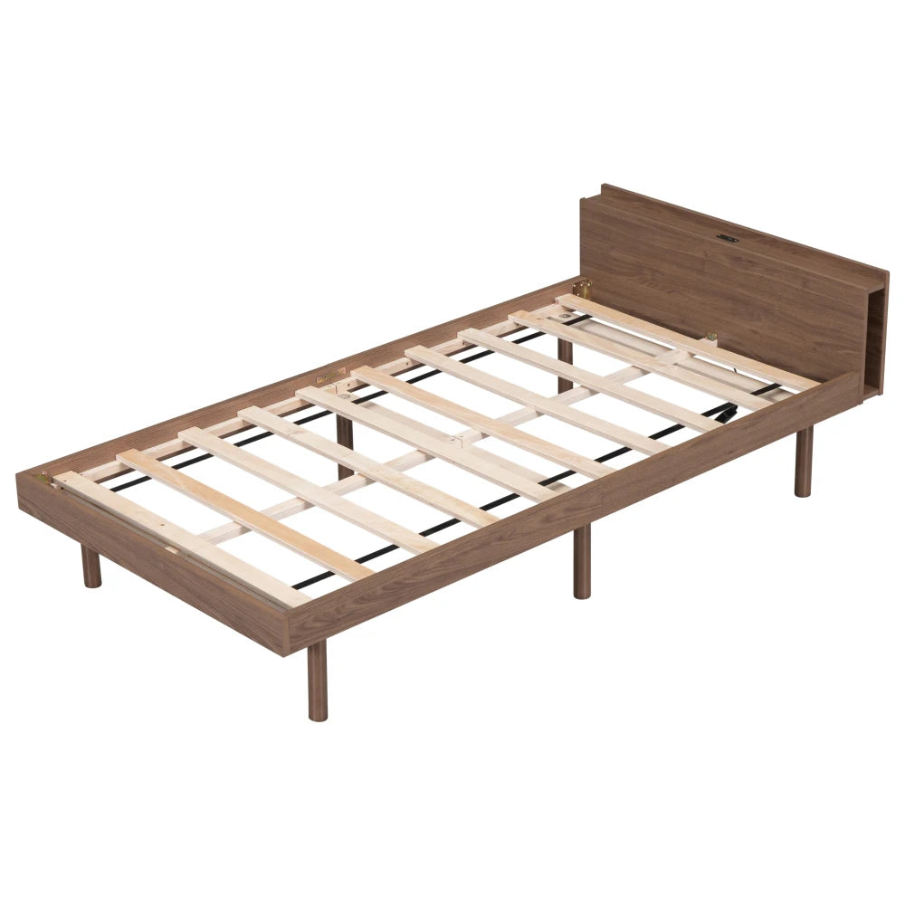 Twin Size Modern Platform Bed Frame with Built-in USB Port, Walnut Finish