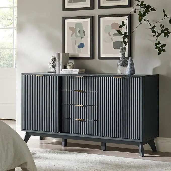 Fluted Dresser with Sliding Doors & Faux Marble Top