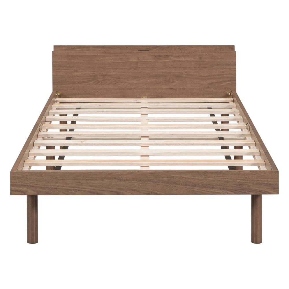 Twin Size Modern Platform Bed Frame with Built-in USB Port, Walnut Finish
