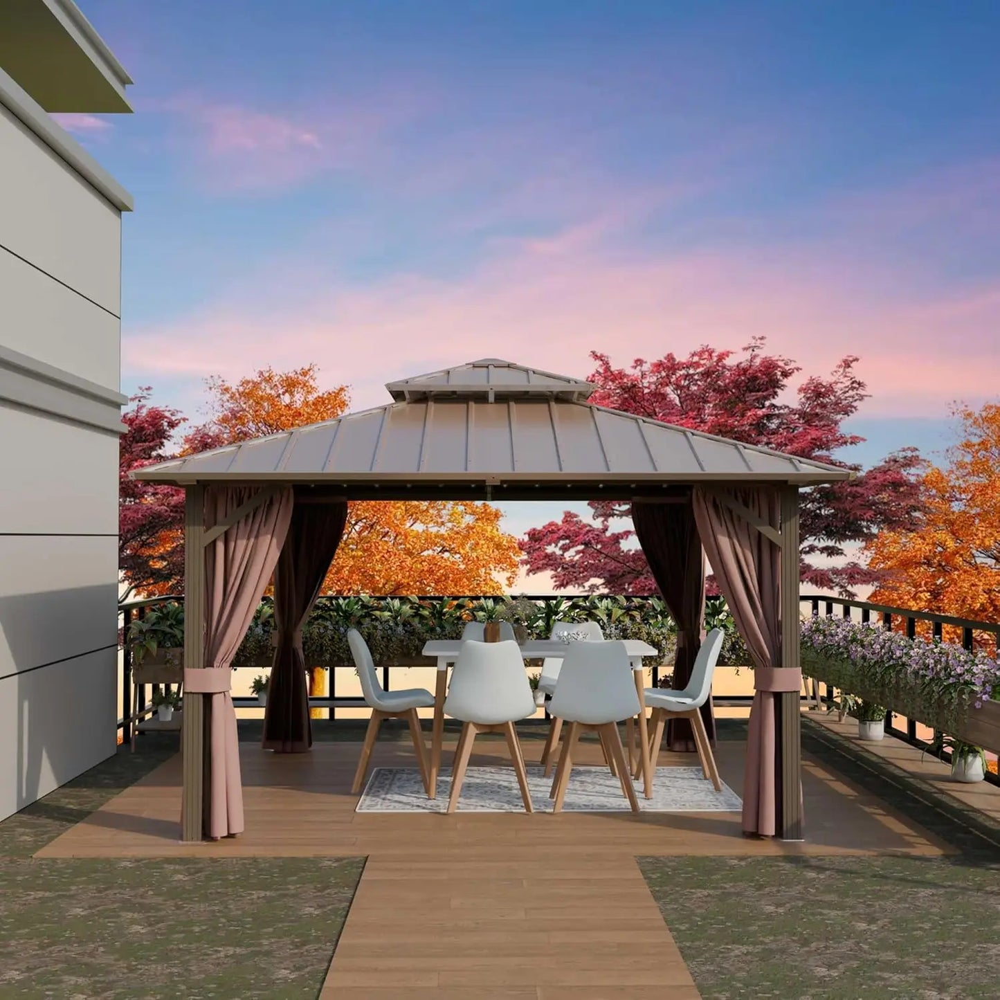 12'x16' Hardtop Gazebo with Aluminum Frame & Galvanized Steel Double Roof, Netting & Curtains
