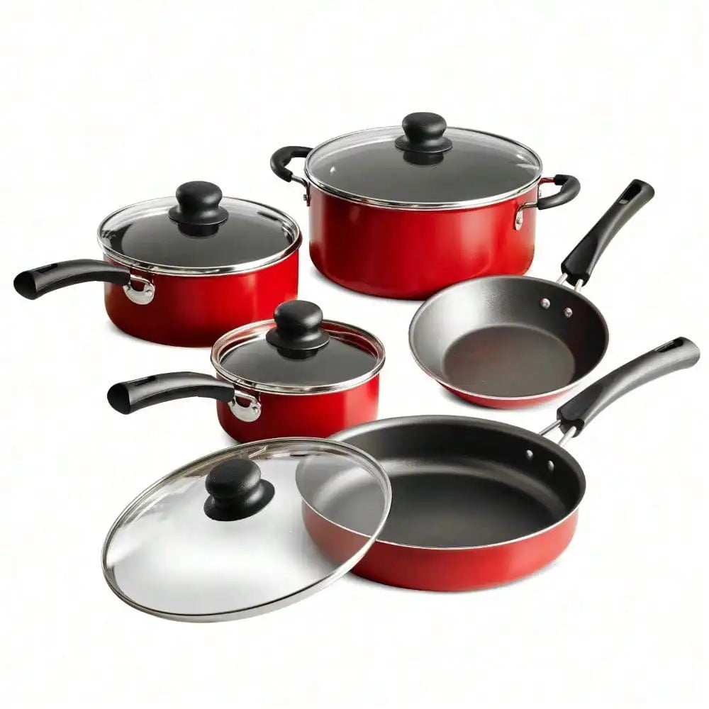 9-Piece Nonstick Cookware Set – Red Pots & Pans with Lids