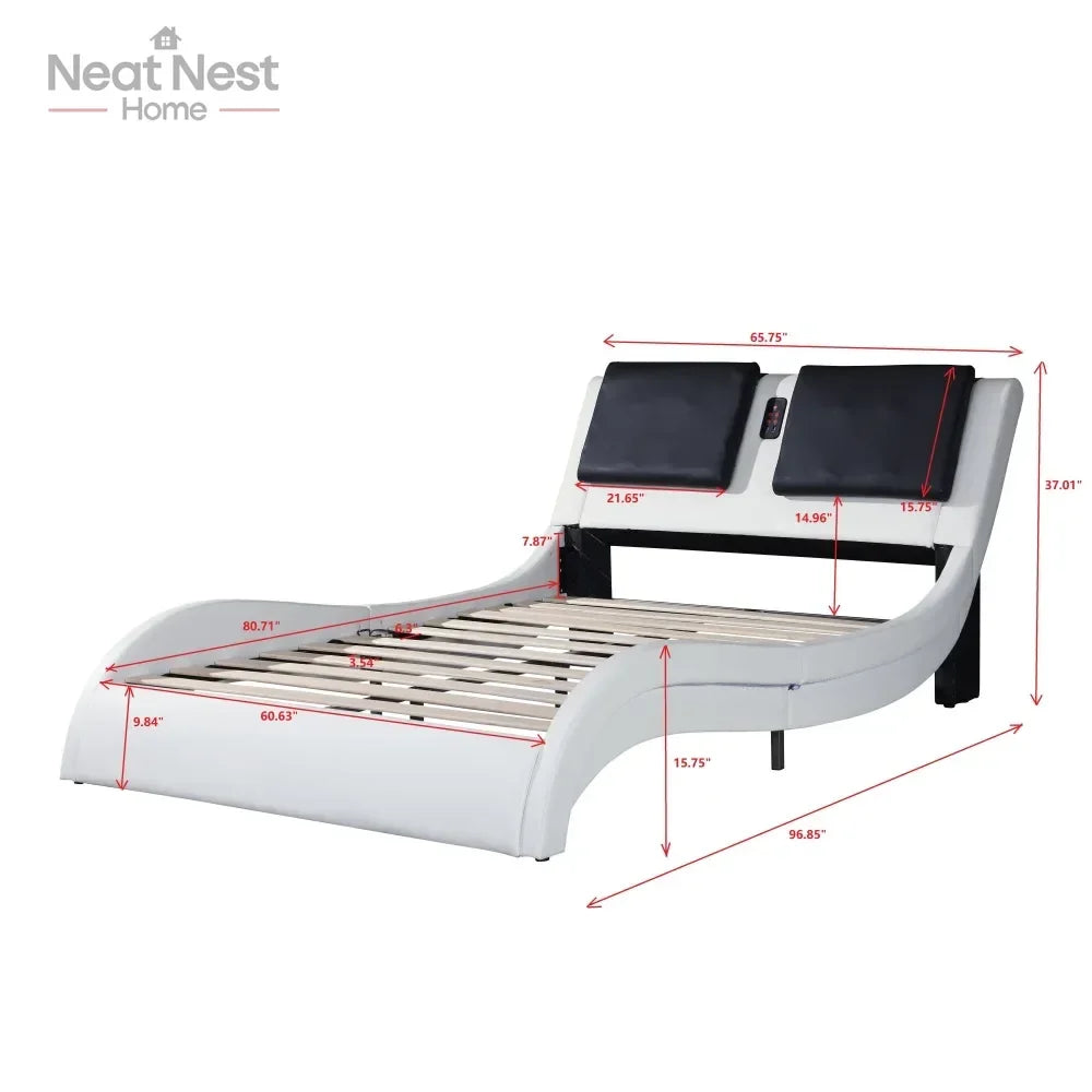 Queen Size Faux Leather Upholstered Platform Bed, LED Lighting, Bluetooth Music & Smart Massage