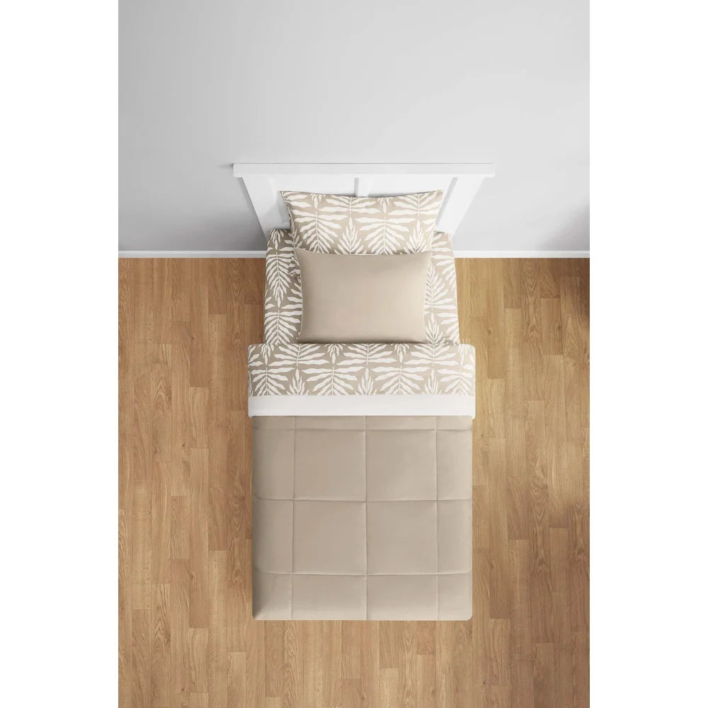 5-Piece Reversible Comforter Set with Sheets – Twin XL Beige Palm Print, Soft & Machine Washable