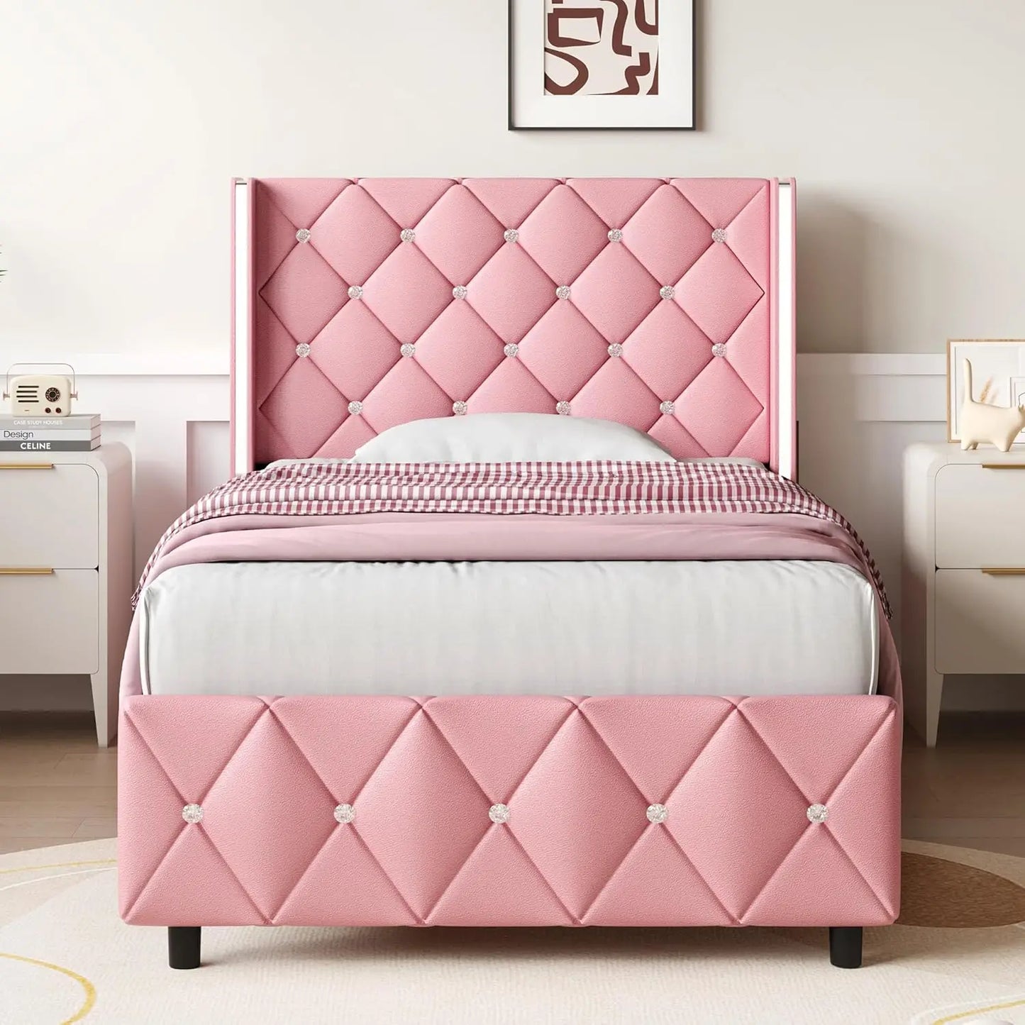 Hlivelood Queen LED Upholstered Bed Frame – Modern Platform with Light & Padded HeadboardHlivelood bed frame, queen LED bed, upholstered platform bed, modern queen bed frame, LED light bed, padded headboard bed, queen bedro