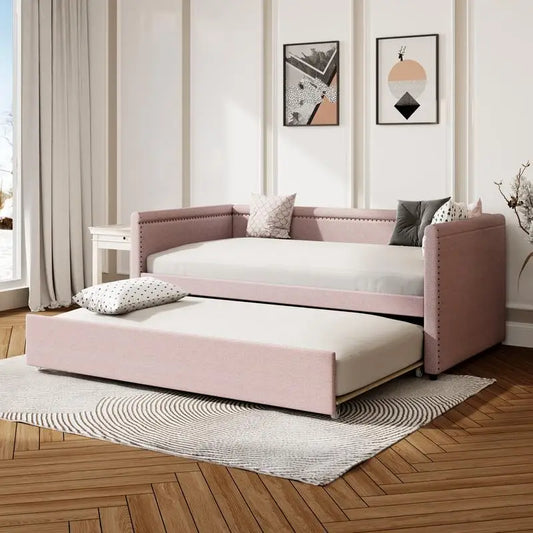 Modern Upholstered Twin Daybed with Trundle, Pink Guest Bed for Small Bedrooms & Study Rooms