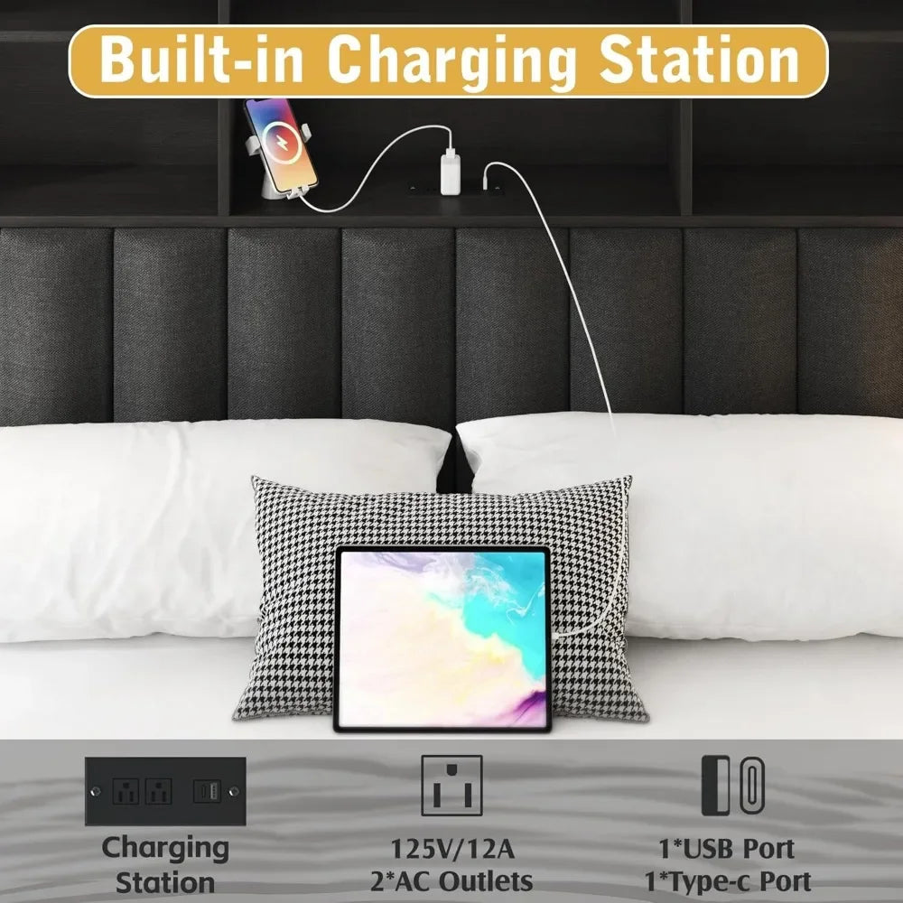 Queen Bed Frame with Storage Drawers, Bookcase Headboard, LED Lights & Charging Station – No Box Spring Needed