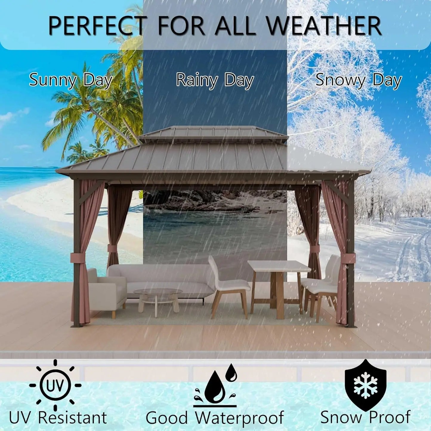12'x16' Hardtop Gazebo with Aluminum Frame & Galvanized Steel Double Roof, Netting & Curtains