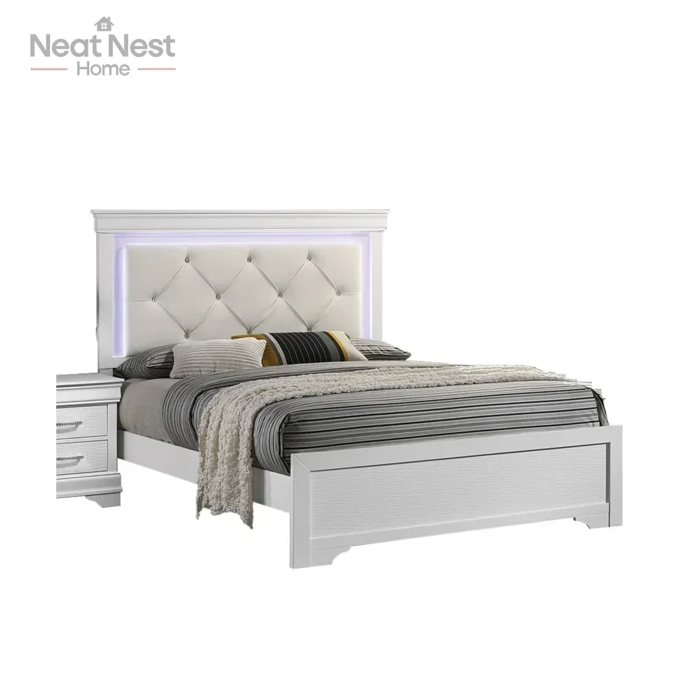 Queen Size White Faux Leather Bed Frame with Tufted LED Headboard & Solid Wood Base