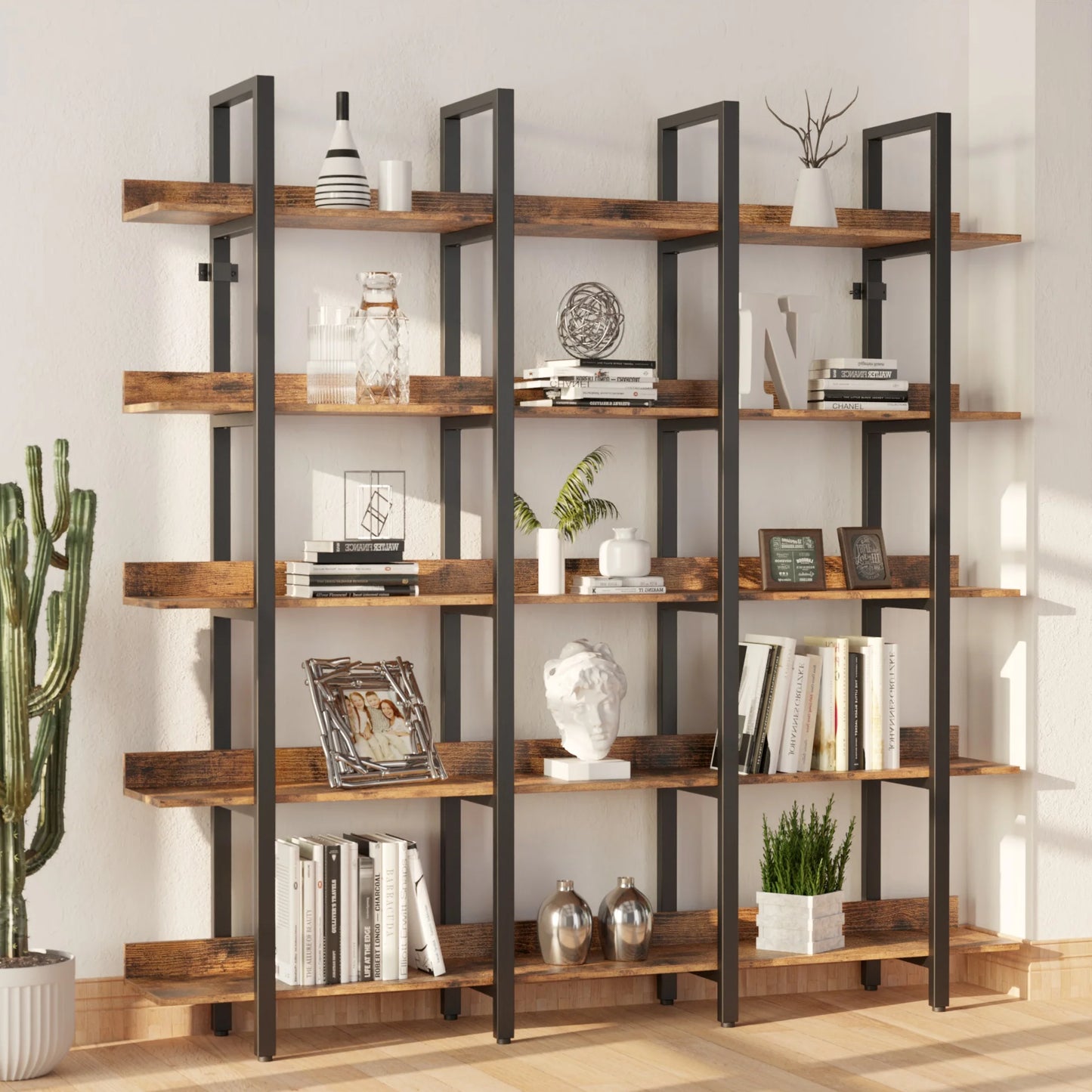 IRONCK Triple Wide 5-Tier Bookcase, Large Open Shelves with Back Fence, Brown