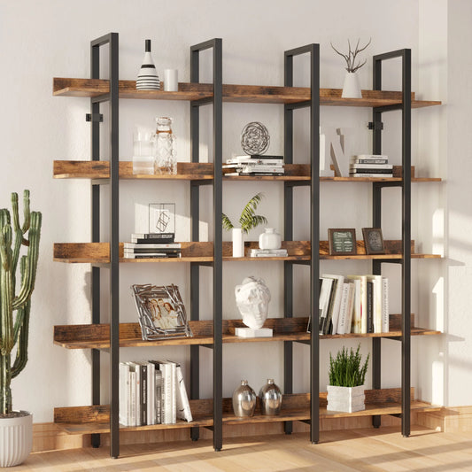 IRONCK Triple Wide 5-Tier Bookcase, Large Open Shelves with Back Fence, Brown
