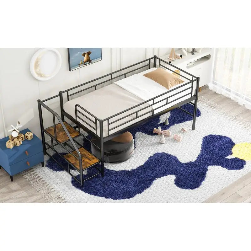 Twin Mid Loft Bed with Storage Steps, Black Finish, Space-Saving Design