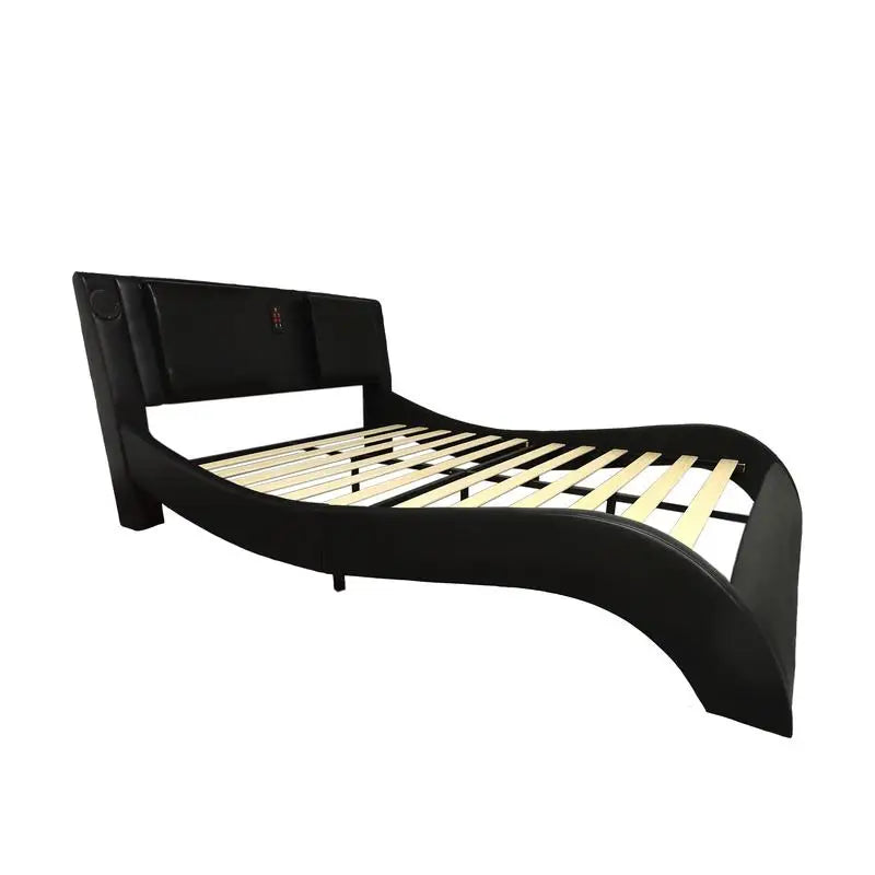 Faux Leather Platform Bed Frame with LED Lights, Bluetooth Music, Massage Backrest & Curved Design
