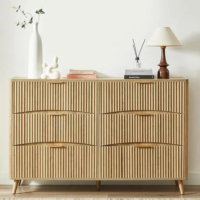 Wide 6 Drawer Light Wood Curved Dresser – Mid-Century Modern Chest
