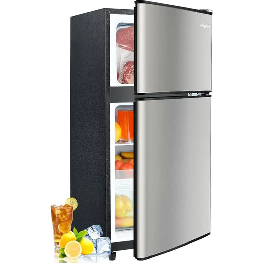 3.2 Cu.Ft 2-Door Mini Fridge with Freezer – Adjustable Thermostat, LED Light & Removable Glass Shelves (Silver)