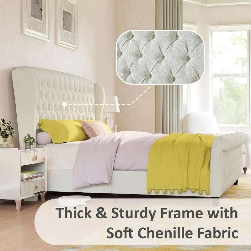King Size Chenille Upholstered Sleigh Platform Bed, Curved Headboard & Footboard, Tufted Design