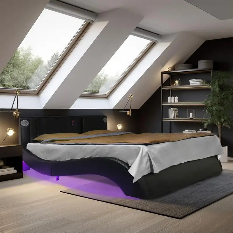 Faux Leather Platform Bed Frame with LED Lights, Bluetooth Music, Massage Backrest & Curved Design