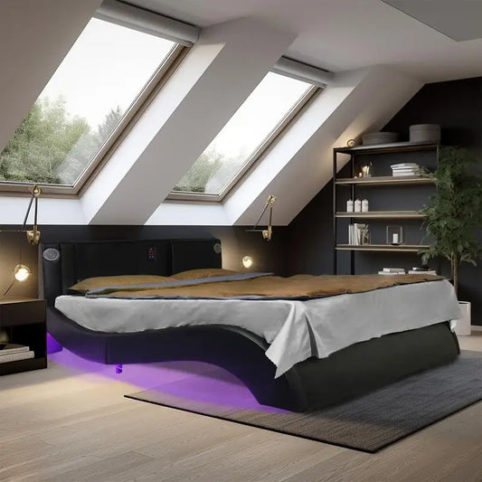 Faux Leather Platform Bed Frame with LED Lights, Bluetooth Music, Massage Backrest & Curved Design