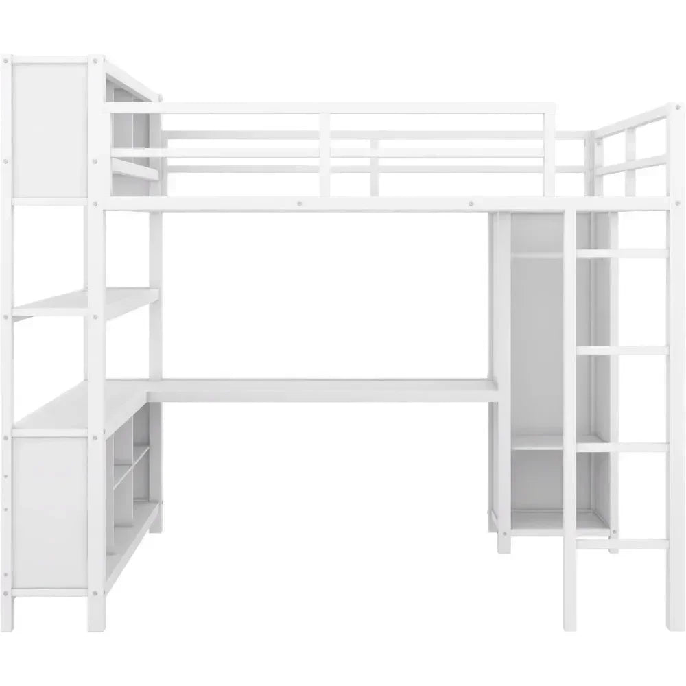 Heavy Duty Full Loft Bed with Storage Cubes, Shelves, Desk & Wardrobe