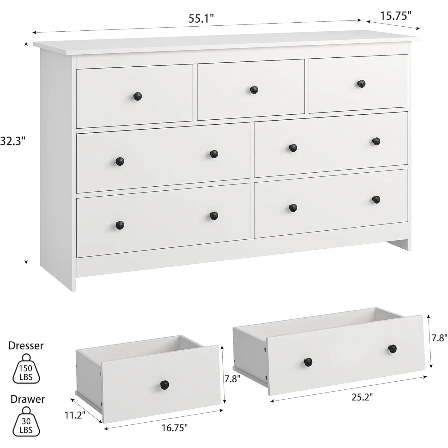 55" White 7-Drawer Dresser – Wooden Storage Chest with Gold Handles