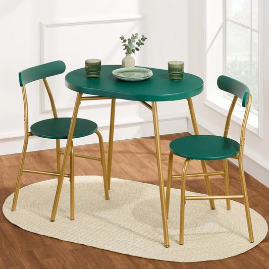 Modern Oval Dining Table Set – Small Kitchen Dinette with 2 Chairs, Metal Frame & Curved Backrests (Dark Green/Gold)