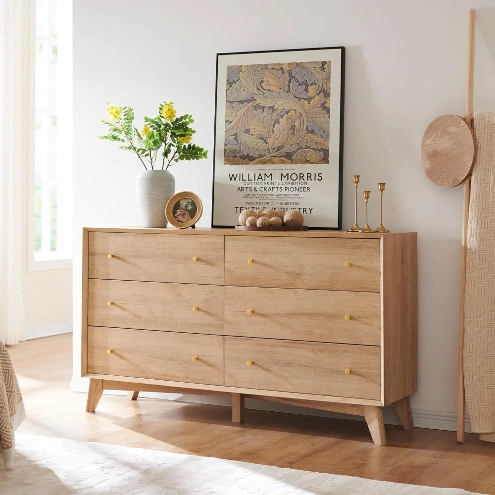 6 Drawer Mid-Century Modern Dresser – 54" Wide with Beveled Profile