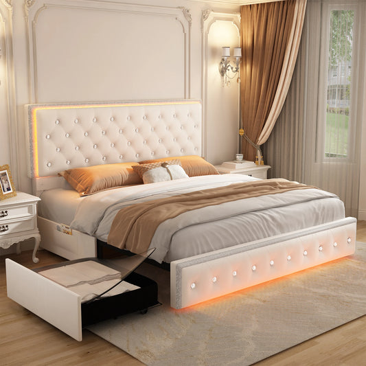 Queen PU Upholstered Bed Frame – LED Lights, Storage Drawers & Crystal Tufted Headboard