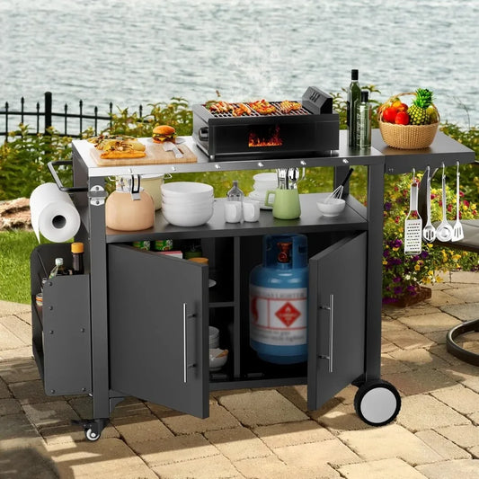 Outdoor Grill Cart with Storage – Patio Kitchen Island Table with Wheels, Hooks & Spice Rackoutdoor grill cart, patio kitchen island, BBQ prep table, rolling grill cart, outdoor storage table, waterproof grill table, BBQ ca