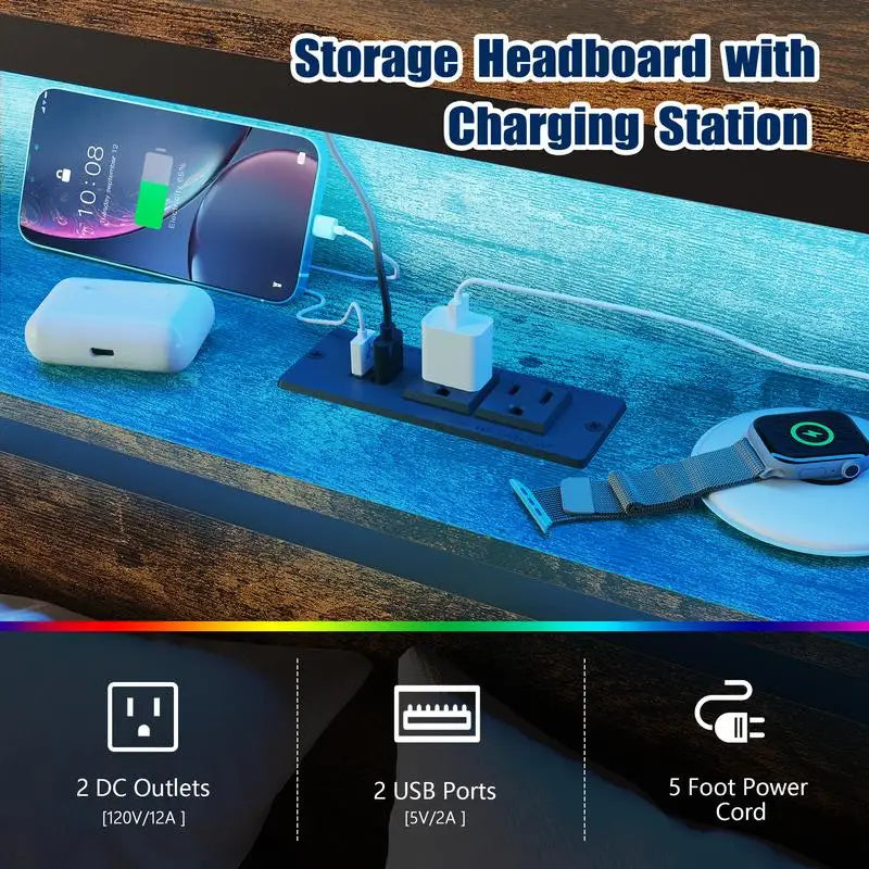 Full-Size Metal Bed Frame with Headboard & Footboard, LED Lights, Heavy-Duty Steel Slat Support