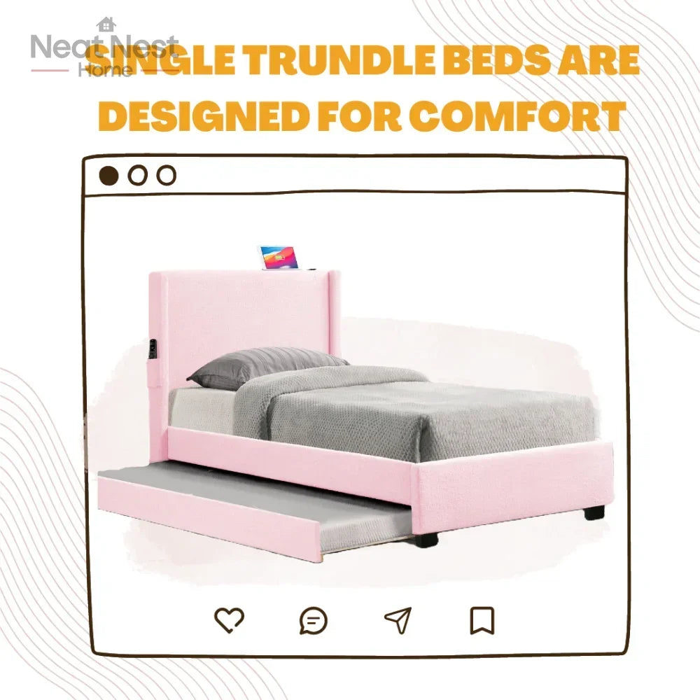 Pink Twin Size Bed Frame with Removable Trundle, USB Ports, No Box Spring Required