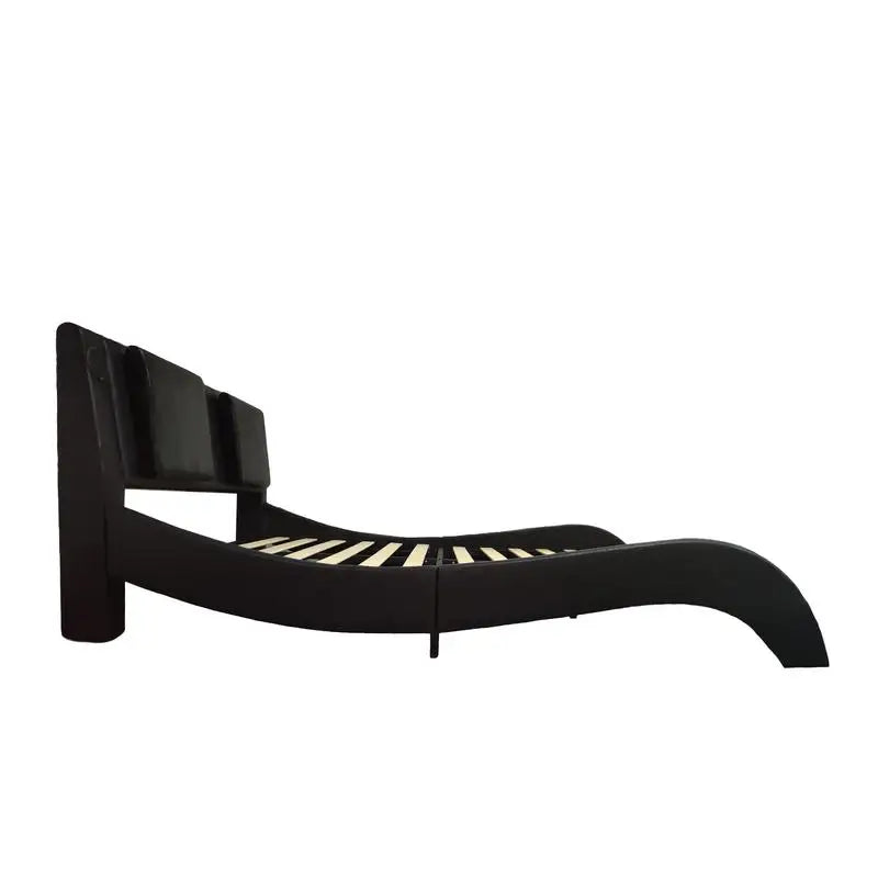 Faux Leather Platform Bed Frame with LED Lights, Bluetooth Music, Massage Backrest & Curved Design