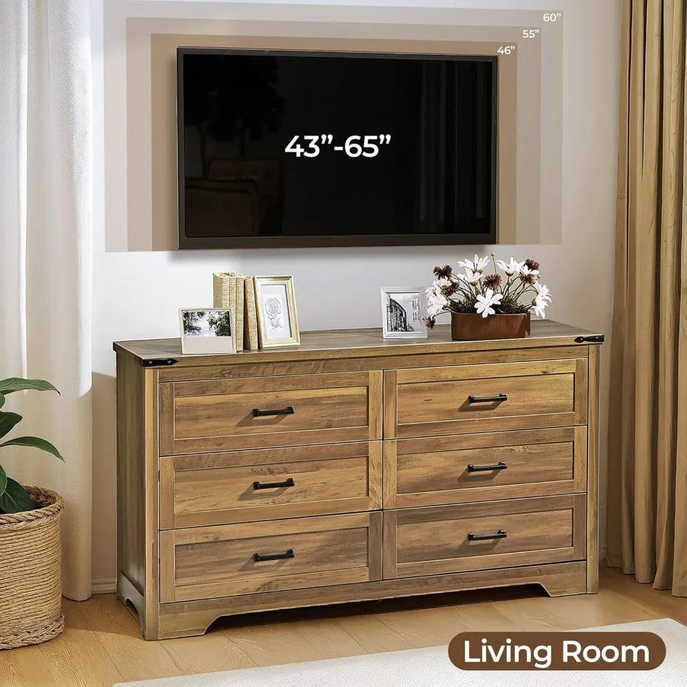 54" Wide Farmhouse 6-Drawer Wooden Dressing Table with Metal Handles