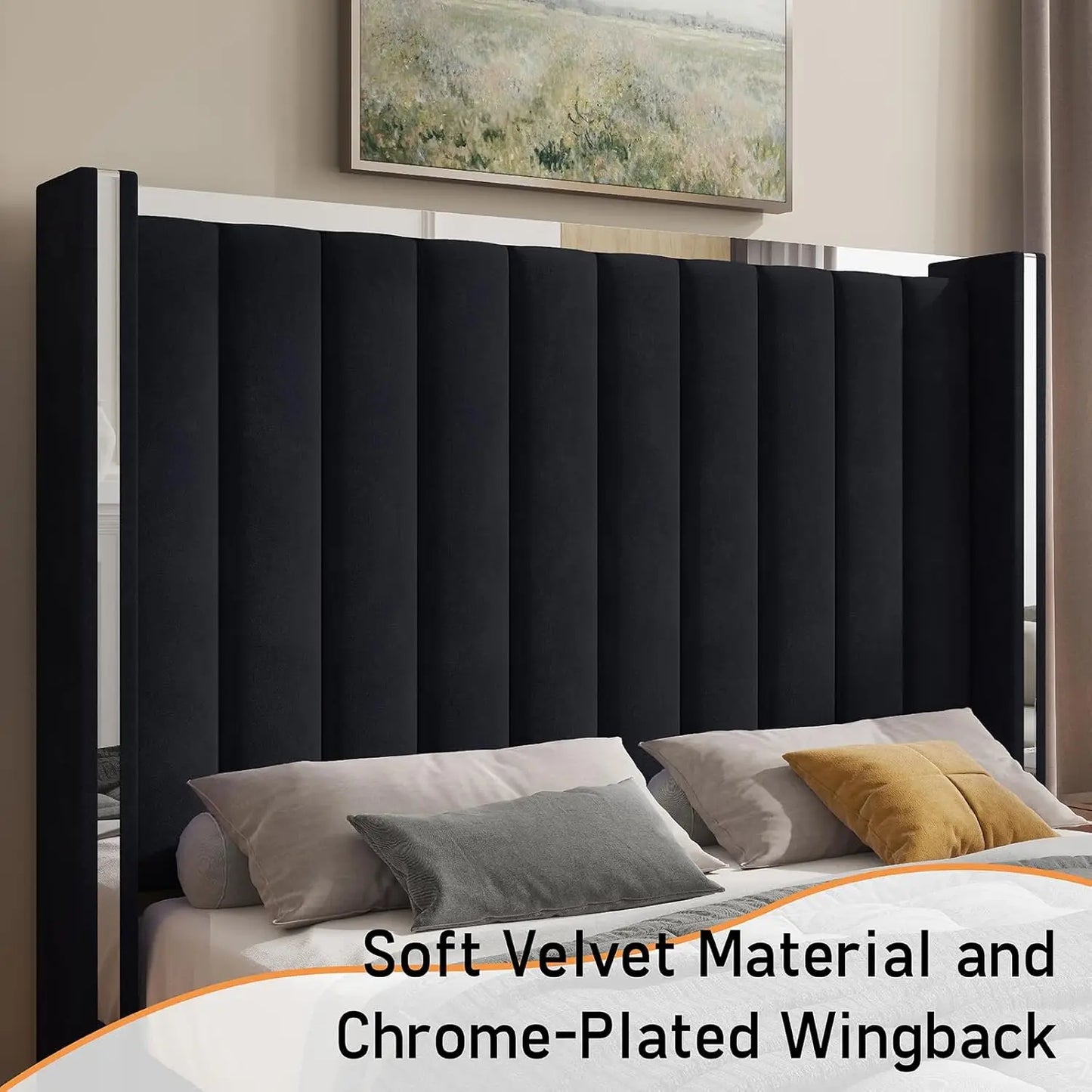 Velvet Upholstered Platform Bed with 58" Tall Channel Tufted Wingback Headboard & Plating Trim