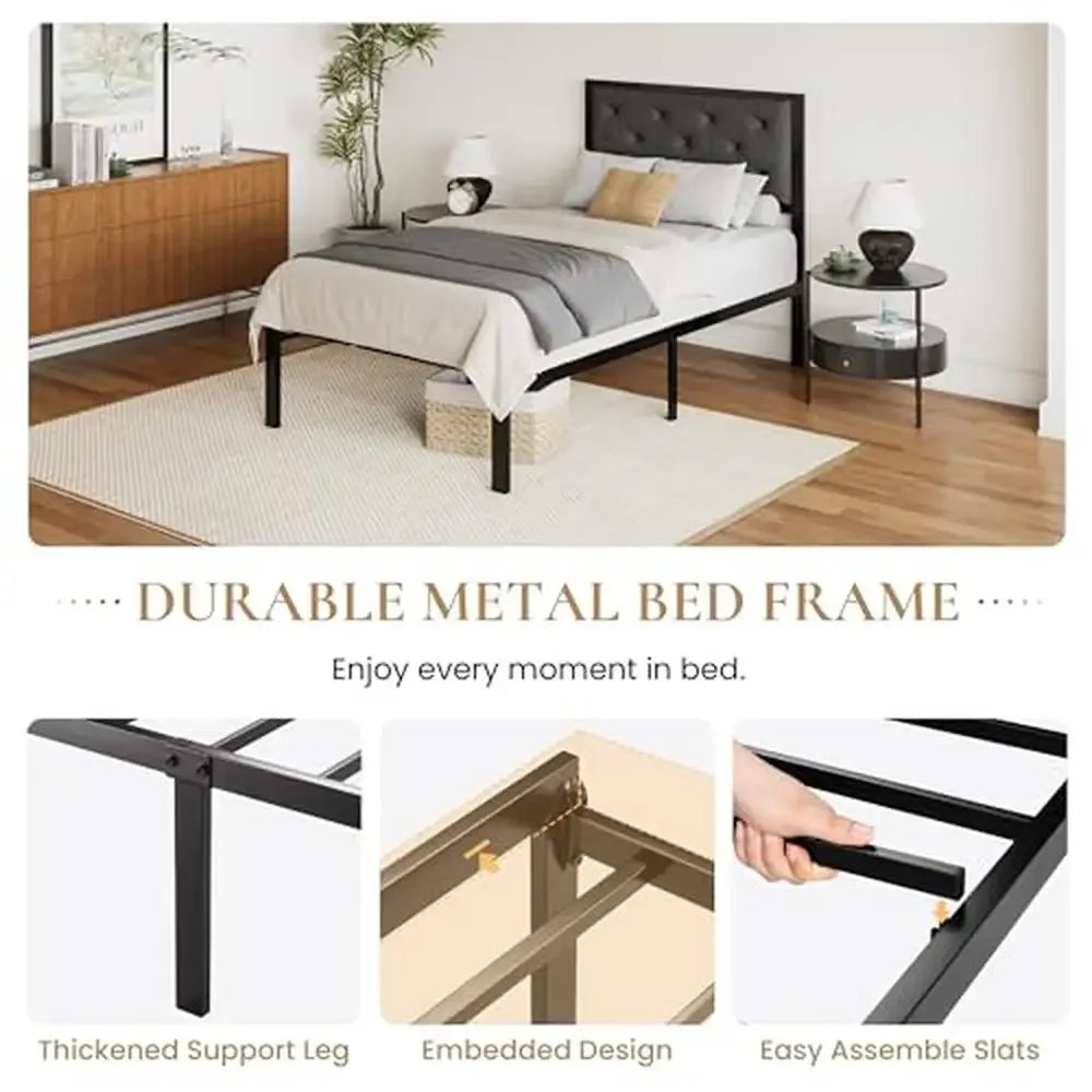 Elegant Twin Metal Platform Bed Frame – Upholstered Tufted Headboard, Strong Slat Support, No Box Spring Needed