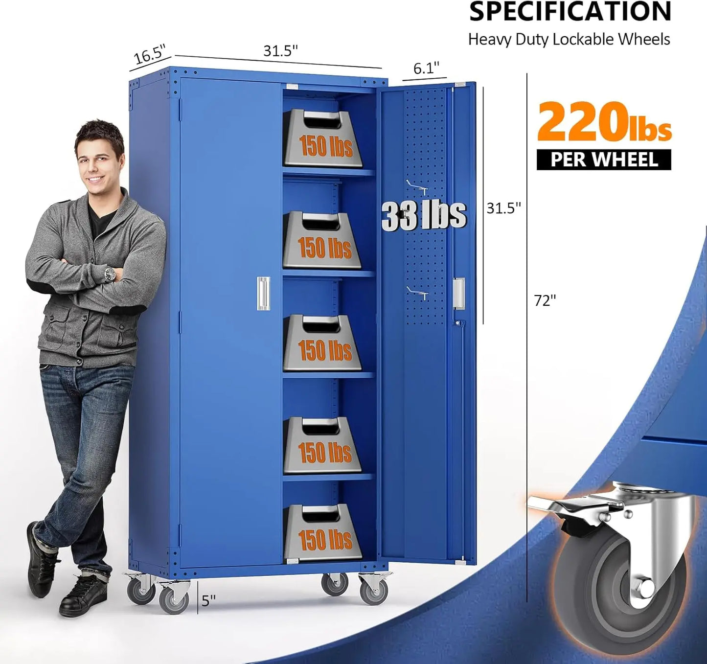 72" Tall Metal Garage Storage Cabinet – Locking Doors, Pegboards, Wheels & Adjustable Shelves