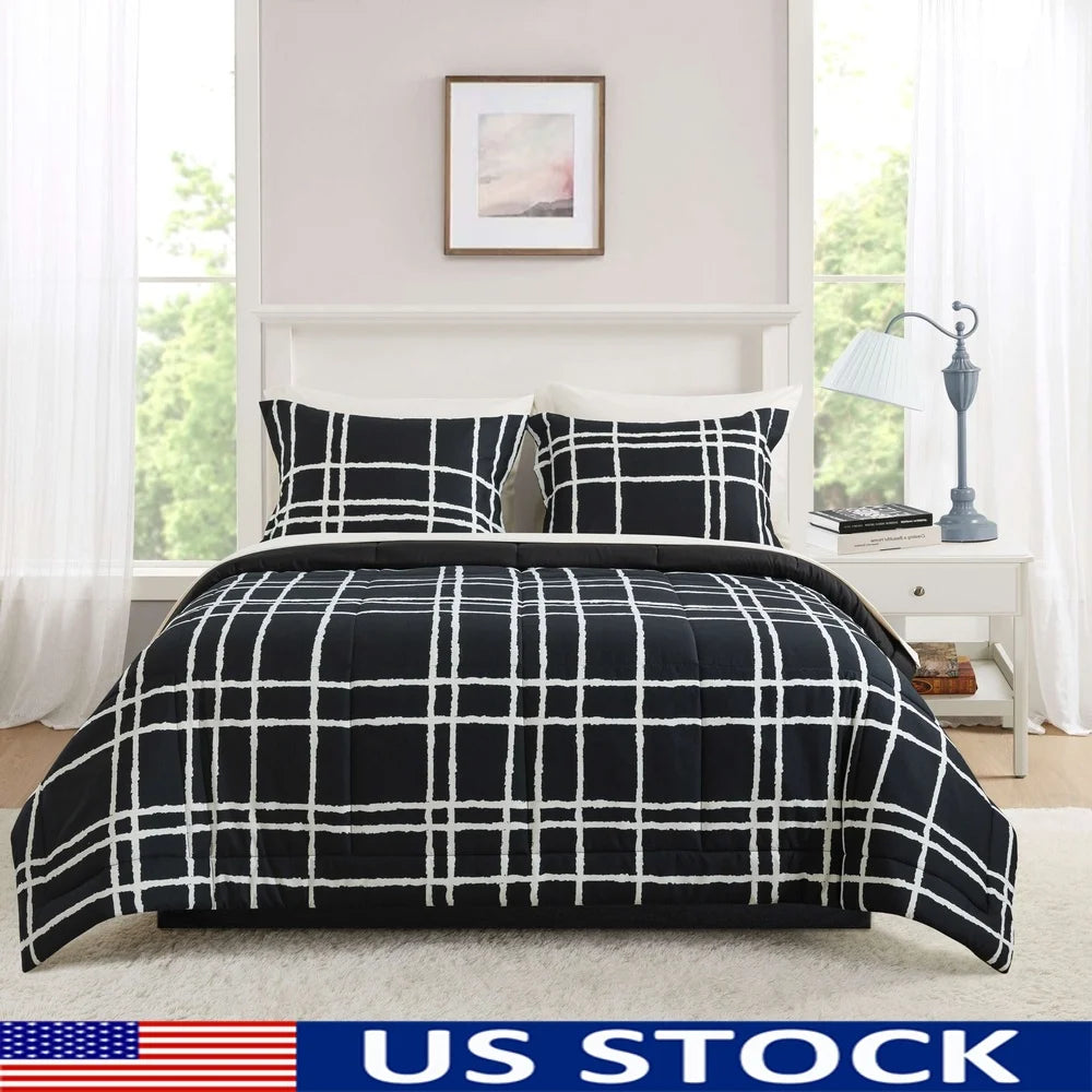 7-Piece Reversible Comforter Set – Black & White Checker Pattern, Full Size with Sheets, Shams & Storage Bag