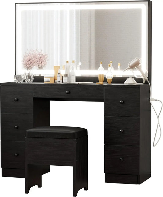 Black Vanity Desk Set – Makeup Table with LED Mirror & Matching Stool