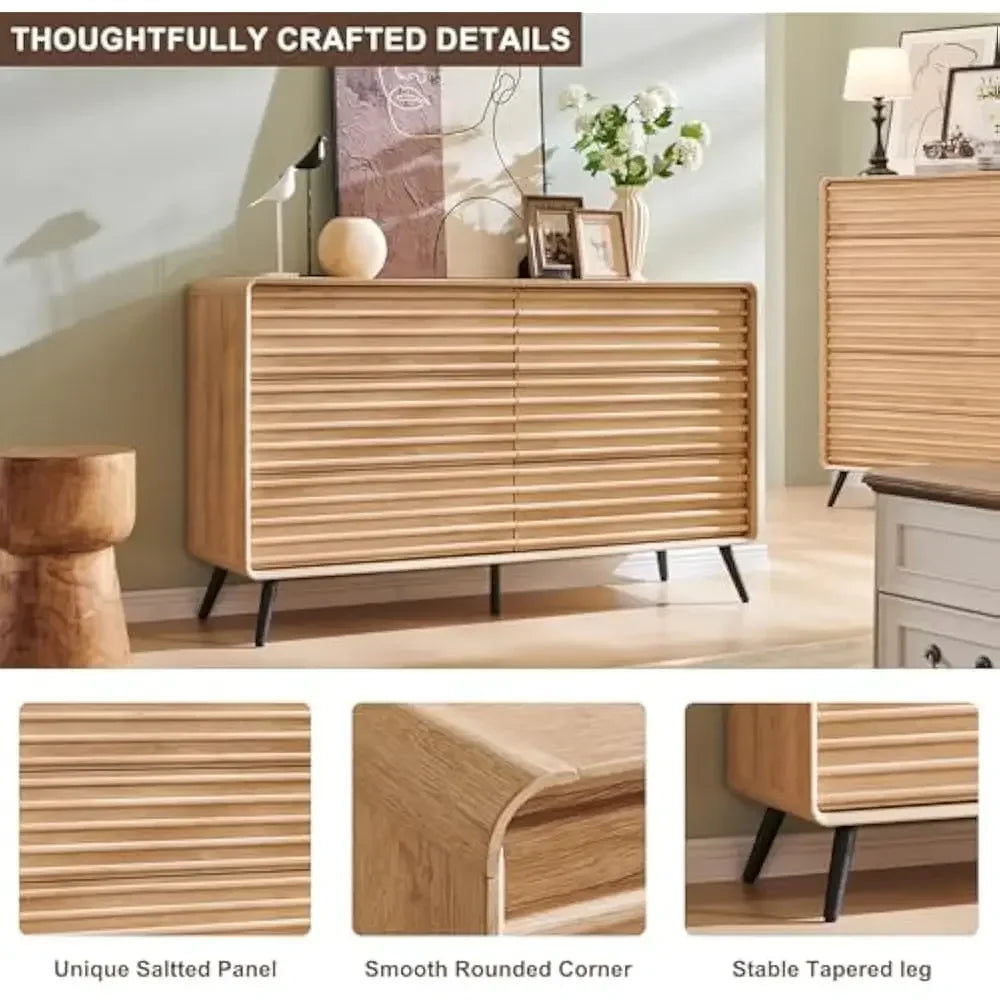 54" Wide Mid-Century Modern Fluted Double Dresser with Tapered Legs