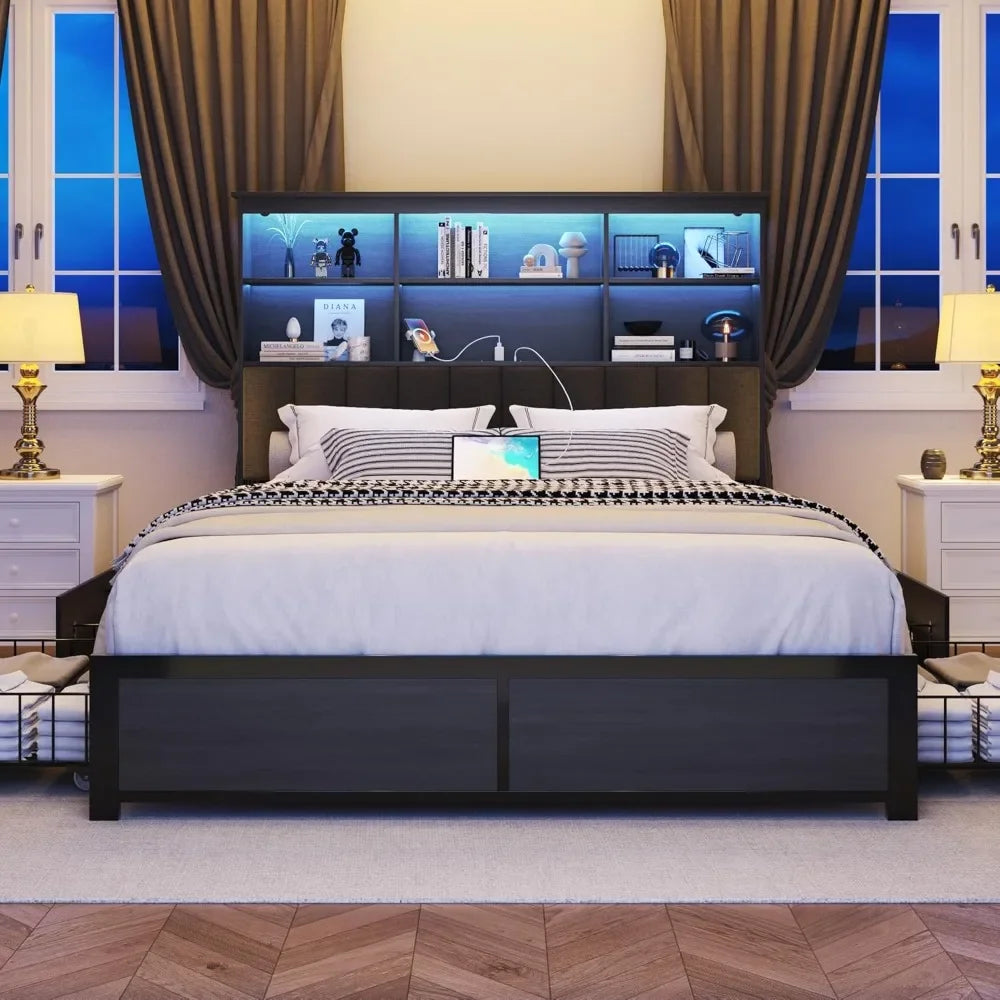 Queen Bed Frame with Storage Drawers, Bookcase Headboard, LED Lights & Charging Station – No Box Spring Needed