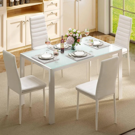 5-Piece Glass Dining Table Set – Modern Kitchen Table with 4 PU Leather Chairs for Home, Dining & Living Room